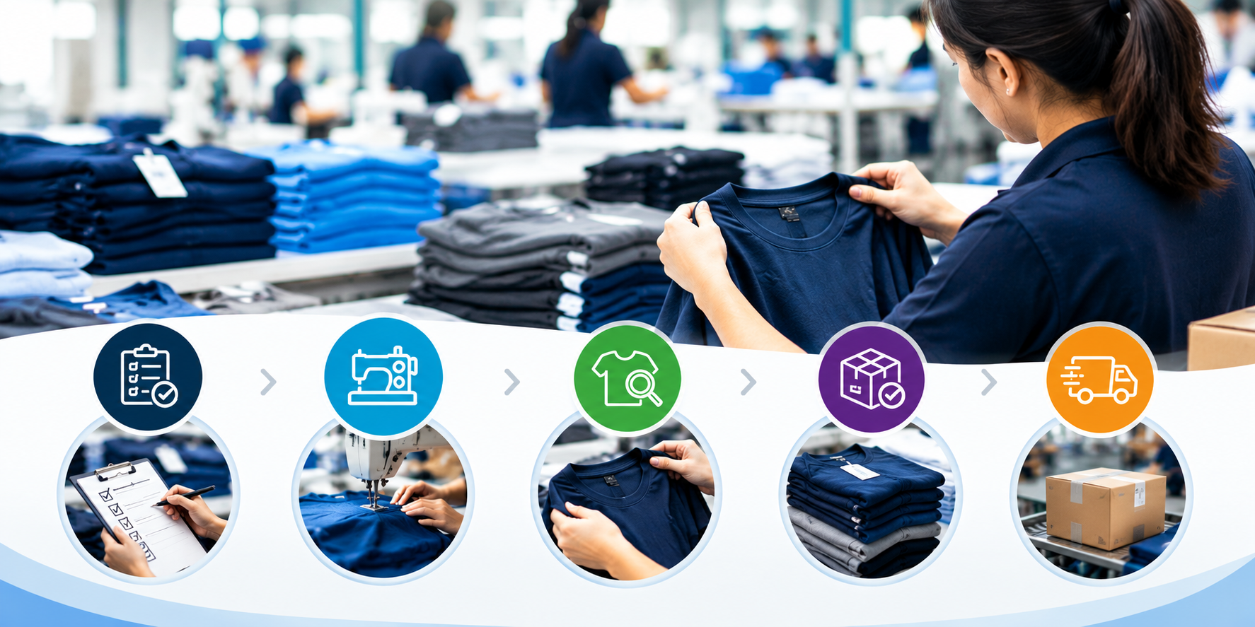 Custom fishing shirts displayed on mannequins in a bright apparel production workspace, surrounded by folded garments, fabric swatches, measurement tools, production sketches, and Mega Apparel branded packaging.